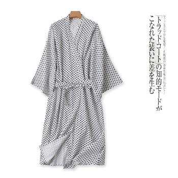 日式波點棉睡袍 春秋新外貿情侶V領無系帶腰和服裕衣浴袍25089