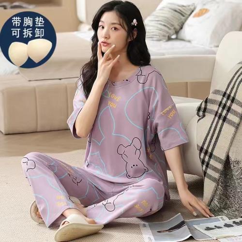 女純棉短袖長褲休閑寬松套裝睡衣