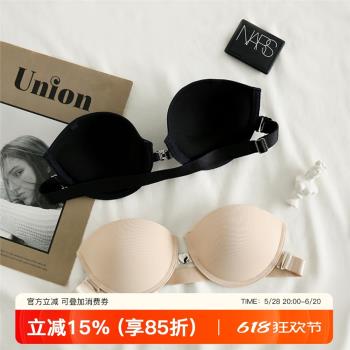 春無肩帶內衣女無痕防滑上託小胸性感調整型上薄下厚前扣文胸胸罩