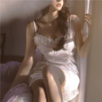 B面秘密薔薇 純欲白色甜美誘惑收腰蕾絲系帶私房睡裙家居服攝影裙