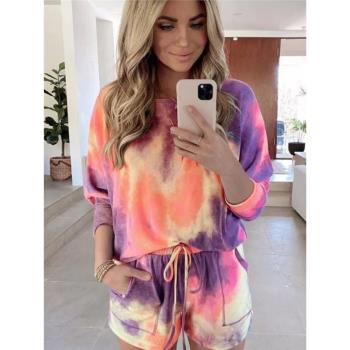 Fashion tie dyed printed long sleeve suit 時尚扎染印花套裝女
