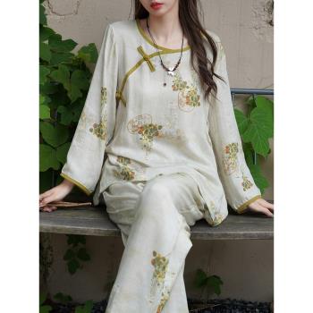 新中式設計改良國風盤扣漢服棉紗布長袖睡衣女士春季家居服套裝