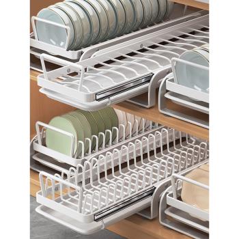 [空之喵喵]廚房碗碟架瀝水架柜內雙層抽拉置物架家用臺面放碗盤架