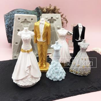 浪漫婚紗西服矽膠模具巧克力慕斯烘焙工具滴膠香薰石膏模蠟燭模具