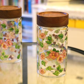 北歐簡約玻璃密封罐家用相思木儲物罐螺紋密封瓶口透明蜂蜜茶葉罐