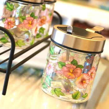 韓國喇叭花色玻璃調料瓶帶勺壓蓋款調料罐耐高溫帶手柄支架佐料瓶