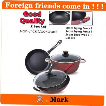 Set of 5 Non Stick Cookware Flying Pan Soup Wok With Lids