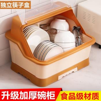 家用裝碗筷收納盒放碗碟瀝水碗柜臺面置物碗架帶蓋廚房碗盤收納箱