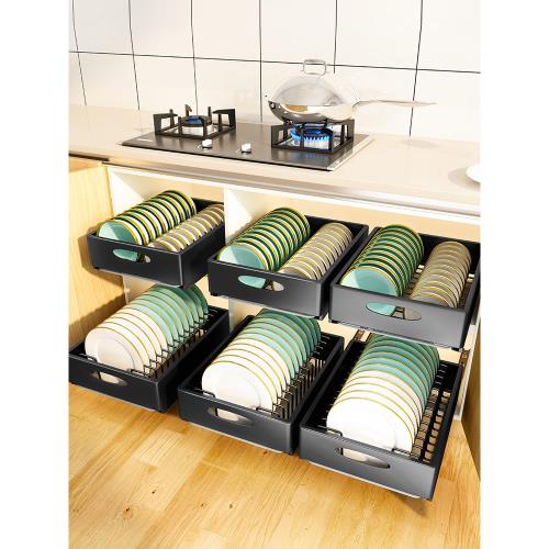 抽拉式碗碟碗盤柜內物拉籃收納置架櫥柜廚房抽屜式隔斷隔板瀝水架