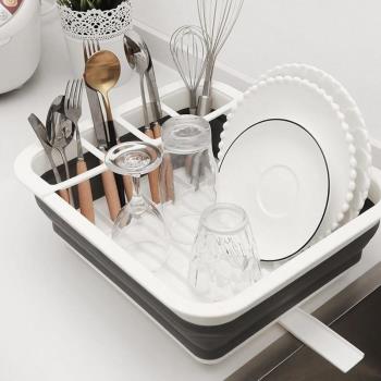 可折疊晾碗架碗碟籃架帶排水板廚房餐具放碗筷瀝水架洗菜籃收納架