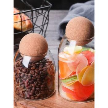 透明咖啡罐密封罐咖啡豆保存罐軟木塞玻璃瓶儲物罐雜糧收納罐圓形