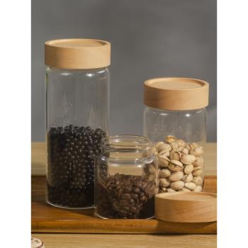 日式家用咖啡豆食品級玻璃瓶密封罐木蓋茶葉罐五谷雜糧堅果儲物罐