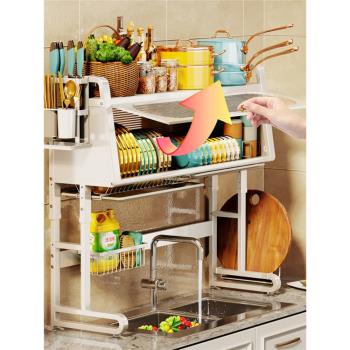 廚房水槽置物架帶柜門臺面碗碟瀝水架收納置物碗架可調節防碗盤