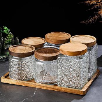 復古海棠花紋廚房收納瓶家用零食茶葉罐調料儲物瓶浮雕玻璃密封罐