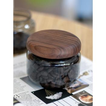 日式廚房黑胡桃木蓋青鈍玻璃儲物罐咖啡豆茶葉密封罐零食收納罐