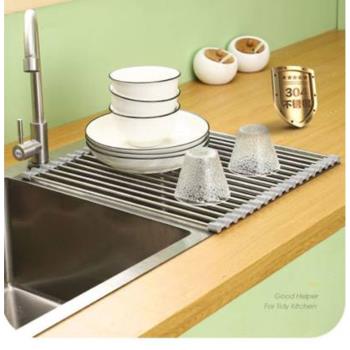 智創精選瀝水架廚房水槽瀝碗碟架可折疊伸縮置物架不銹鋼收納卷簾