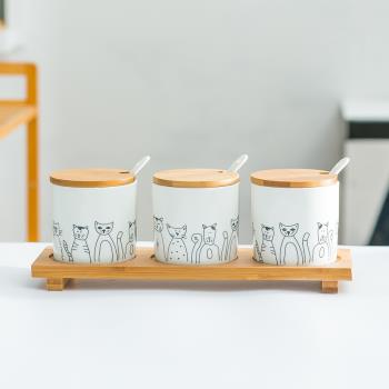 HYX北歐陶瓷調味罐新款家用調料盒廚房用品創意竹木調味罐三件套