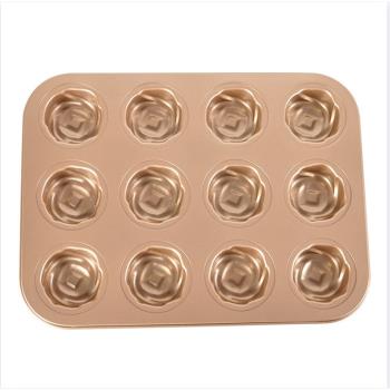 金色12連玫瑰花烤盤模具碳鋼不粘面包戚風脆皮蛋糕模具烘焙器具