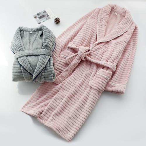 加厚剪花抽條法蘭絨睡袍女士男秋冬保暖加絨浴袍長袖情侶家居服