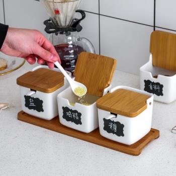 創意家用陶瓷調味罐調料罐套裝廚房用品竹木調料盒調味鹽罐三件套