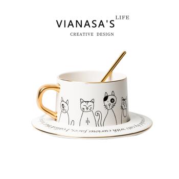 北歐創意陶瓷情侶馬克杯簡約黑白貓咖啡杯碟套裝花茶紅茶拉花杯