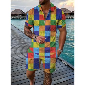 Casual 3D printed lapel shorts set休閑3D印花翻領短褲套裝男士