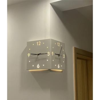 北歐客廳雙面時鐘掛鐘家用時尚簡約創意免打孔靜音鐘轉角拐角鐘表