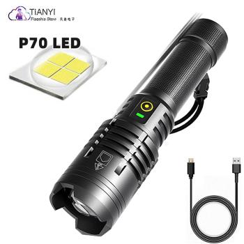 超亮聚光P70調焦手電大功率強光戶外露營防水探照燈 USB充電18650