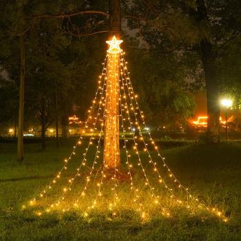 LED圣誕節圣誕樹五角星瀑布流水燈彩燈裝飾戶外太陽能燈串掛樹燈