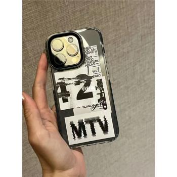 ins風個性簡約歐美英文標簽適用iPhone15proMax手機殼蘋果15透明黑邊防摔條11/12矽膠軟殼14簡約14pro保護殼x