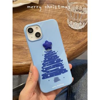 藍系圣誕樹適用于iphone13pro max蘋果12手機殼11PRO菲林硬殼i14max新款藝術14proMAX女款情侶半包光面保護套