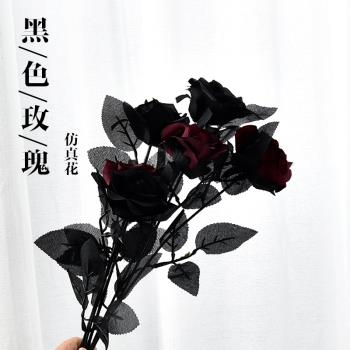 哥特黑玫瑰花拍攝道具黑色假干花束仿真攝影背景裝飾布景擺件寫真
