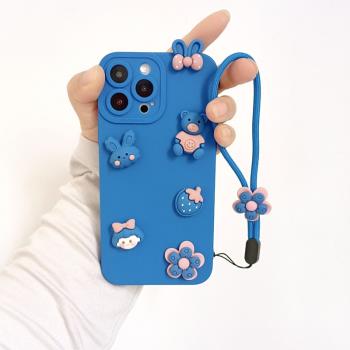 ins超火克萊因藍色手機掛繩卡通造型可愛掛件鑰匙繩短款草莓女孩