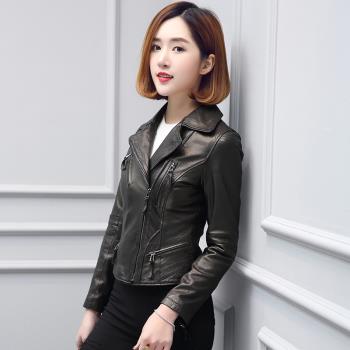 2024春秋新款海寧真皮皮衣女裝短款修身植鞣皮夾克機車服外套單薄