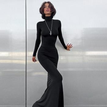 過渡性感ZONE氣質半高領黑色法式小眾超長款魚尾裙外穿顯身材裙子