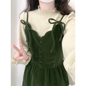 復古綠色蝴蝶結系帶絲絨吊帶連衣裙秋冬內搭兩件套小個子氣質長裙