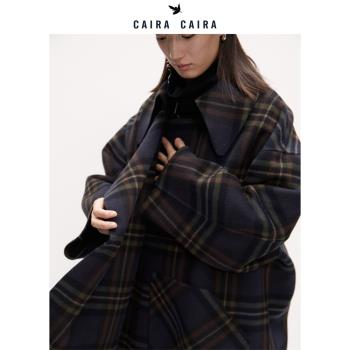 CAIRA 21AW冬季100純手工羊毛質感雙面呢大衣格紋外套設計師品牌