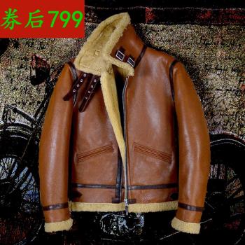 限時799！棕色進口羊皮皮毛一體男B3加厚保暖復古經典真皮皮衣男