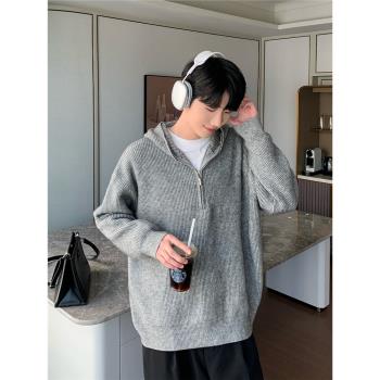cuibuju 韓版連帽拉鏈設計針織開衫男寬松休閑百搭純色毛衣外套潮
