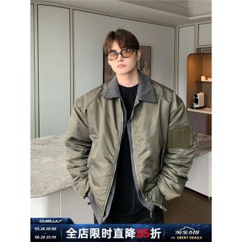 cuibuju 小眾拼接設計感翻領棉服外套男寬松冬季加厚pu飛行棒球服