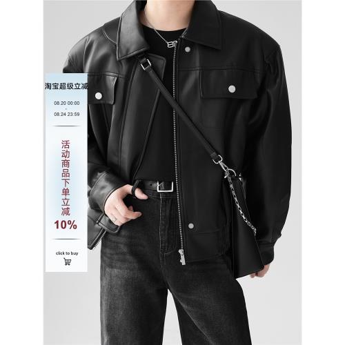 韓國INS質感啞黑色短款皮衣男寬松痞帥機車衣秋冬復古夾克外套潮