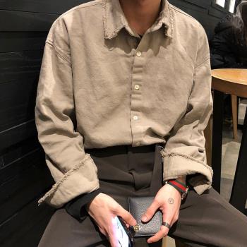 MRCYC秋季新款復古長袖襯衫外套男士韓版潮流帥氣襯衣工裝日系風