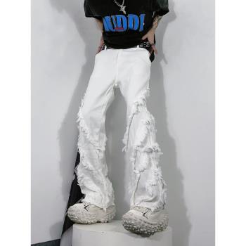 76美式高街vibe結構設計毛邊牛仔褲男hiphop直筒高級感復古長褲子