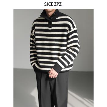 ZPZ冬季韓國寬松半開領針織衫 男士潮流撞色條紋加厚套頭毛衣外套