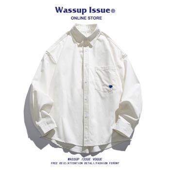 WASSUP ISSUE日系襯衣外套男春秋季潮牌寬松純色長袖襯衫上衣男款