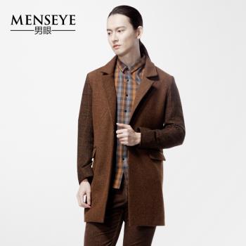 Menseye男眼 秋冬新咖啡色羊毛呢西裝大衣男 時尚文藝中長款外套