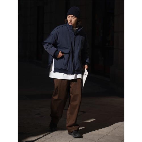 NOEARS側開叉設計款日系立領海軍藍短款棉服男寬松cityboy夾克厚