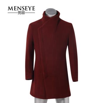 男眼Menseye冬季暗紅色羊毛大衣