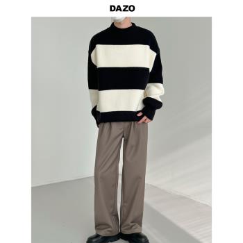 DAZO 挺括版型寬條紋毛衣男黑白色圓領套頭針織衫秋冬季休閑百搭