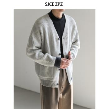 ZPZ秋冬季上衣寬松V領開衫針織衫男2023新款潮流撞色加厚毛衣外套